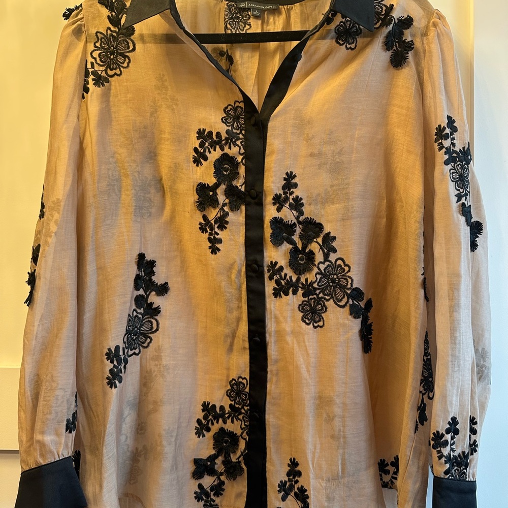 Adrianna Papell Beige Blouse with Black Floral Embroidery Sheer Large